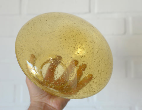 1980s Yugoslav Amber Bubble Glass Ceiling Light, Satin Brass Semi-Flush Mount, Mushroom Lamp