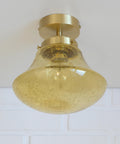 1980s Yugoslav Amber Bubble Glass Ceiling Light, Satin Brass Semi-Flush Mount, Mushroom Lamp