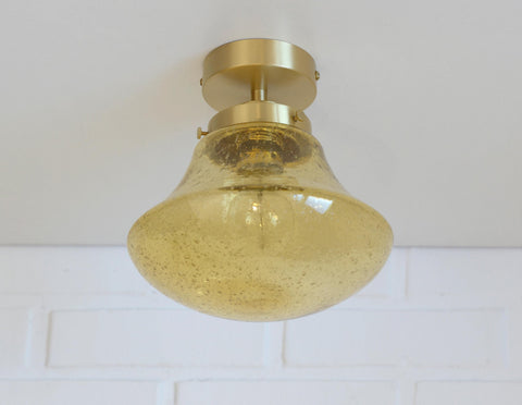 1980s Yugoslav Amber Bubble Glass Ceiling Light, Satin Brass Semi-Flush Mount, Mushroom Lamp