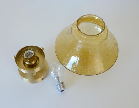 1980s Yugoslav Amber Bubble Glass Ceiling Light, Satin Brass Semi-Flush Mount, Mushroom Lamp