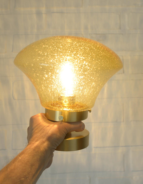 1980s Yugoslav Amber Bubble Glass Ceiling Light, Satin Brass Semi-Flush Mount, Mushroom Lamp