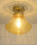 1980s Yugoslav Amber Bubble Glass Ceiling Light, Satin Brass Semi-Flush Mount, Mushroom Lamp