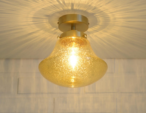1980s Yugoslav Amber Bubble Glass Ceiling Light, Satin Brass Semi-Flush Mount, Mushroom Lamp
