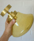 1980s Yugoslav Amber Bubble Glass Ceiling Light, Satin Brass Semi-Flush Mount, Mushroom Lamp