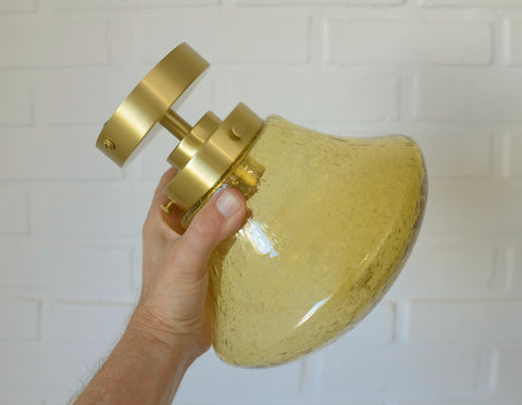 1980s Yugoslav Amber Bubble Glass Ceiling Light, Satin Brass Semi-Flush Mount, Mushroom Lamp