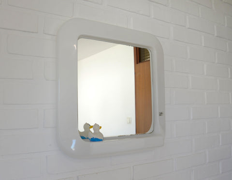 Square Mirror with Shelf / Vintage White Plastic Furniture / Space Age / Wall Mirror / Yugoslavia 1970s