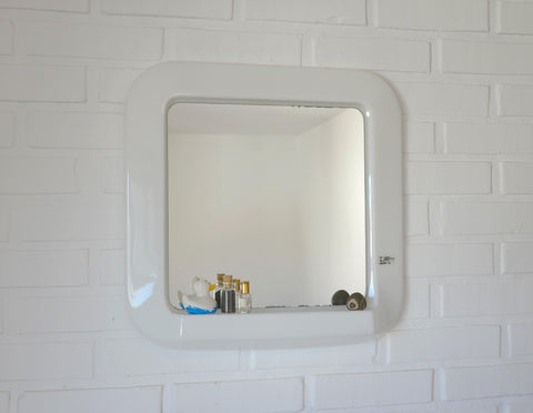 Square Mirror with Shelf / Vintage White Plastic Furniture / Space Age / Wall Mirror / Yugoslavia 1970s