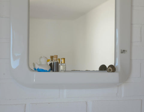 Square Mirror with Shelf / Vintage White Plastic Furniture / Space Age / Wall Mirror / Yugoslavia 1970s