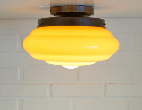 Antique Glass Ceiling Light, 100-Year-Old Hand-Blown Art Deco Shade with Copper Base