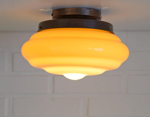 Antique Glass Ceiling Light, 100-Year-Old Hand-Blown Art Deco Shade with Copper Base