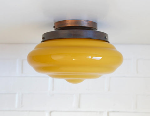 Antique Glass Ceiling Light, 100-Year-Old Hand-Blown Art Deco Shade with Copper Base