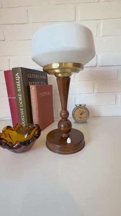Art Deco Table Lamp | Vintage White Opaline Mushroom Glass | Restored Solid Wood | Fully Rewired | Bauhaus Style