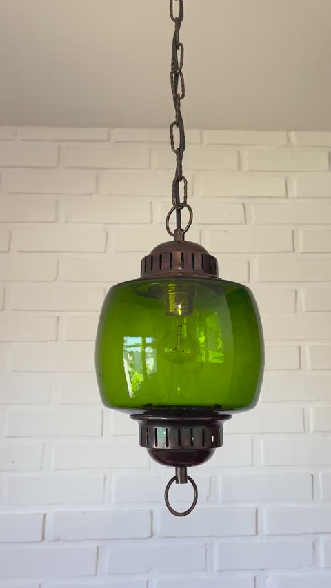 Vintage Green Glass Pendant Light, Mid Century Hanging Lamp, Yugoslavia 1970s